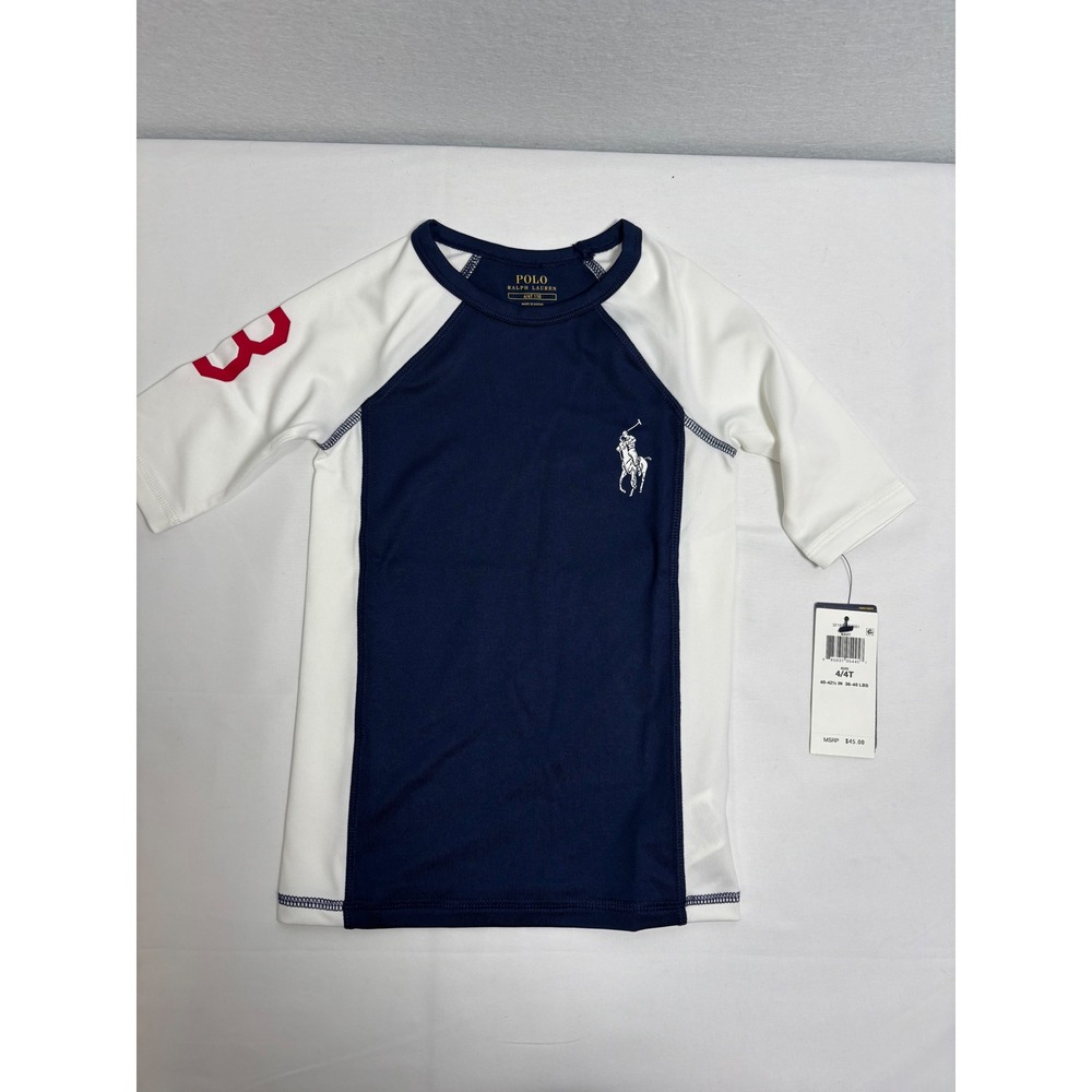 Polo Ralph Lauren Kids Navy White Rash Guard Swim Shirt UPF 40 Pony Logo 4/4T